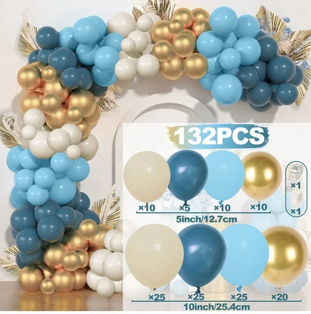 132pc Gold, Blue & White Balloon Garland Arch Kit – Perfect for Weddings, Birthdays, & Baby Showers